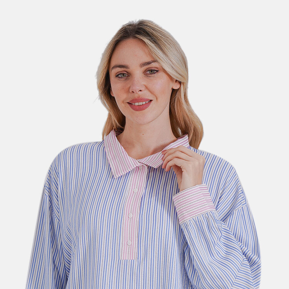 - Maisi Color Block Stripe Casual Shirt (Size L) - Blue - Pink