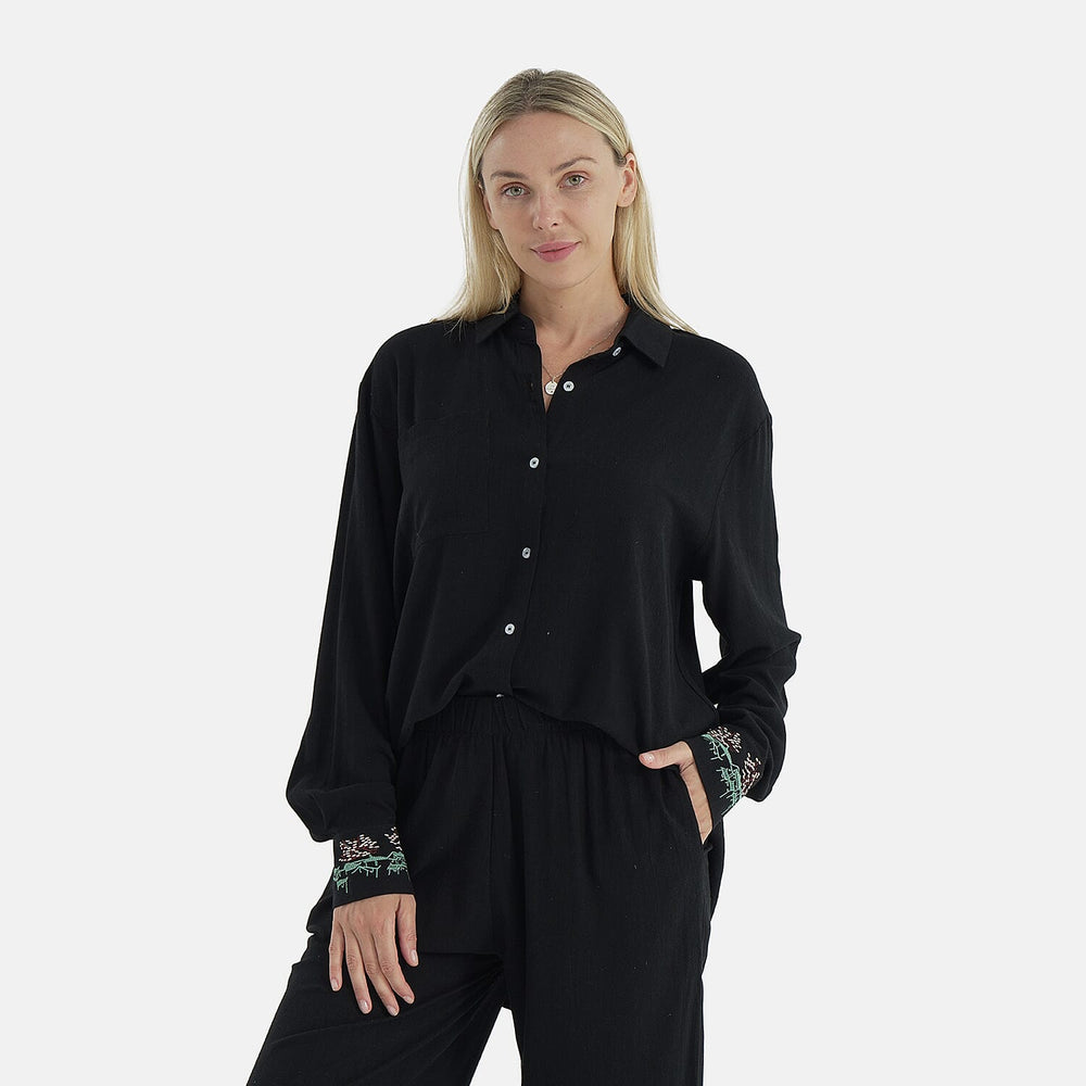 - Maisi Linen Blend Relaxed Fit Long Sleeve Shirt with Embroidered Cuffs (Size M) - Black