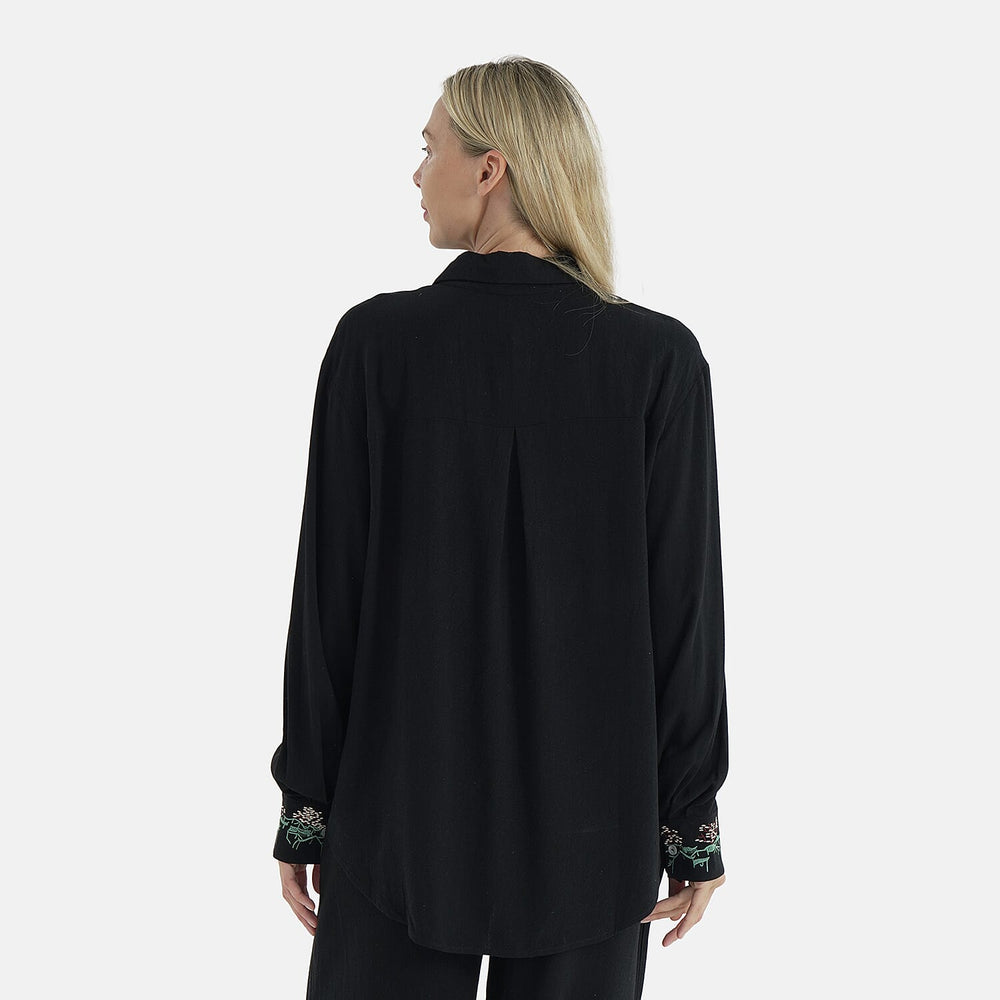 - Maisi Linen Blend Relaxed Fit Long Sleeve Shirt with Embroidered Cuffs (Size M) - Black