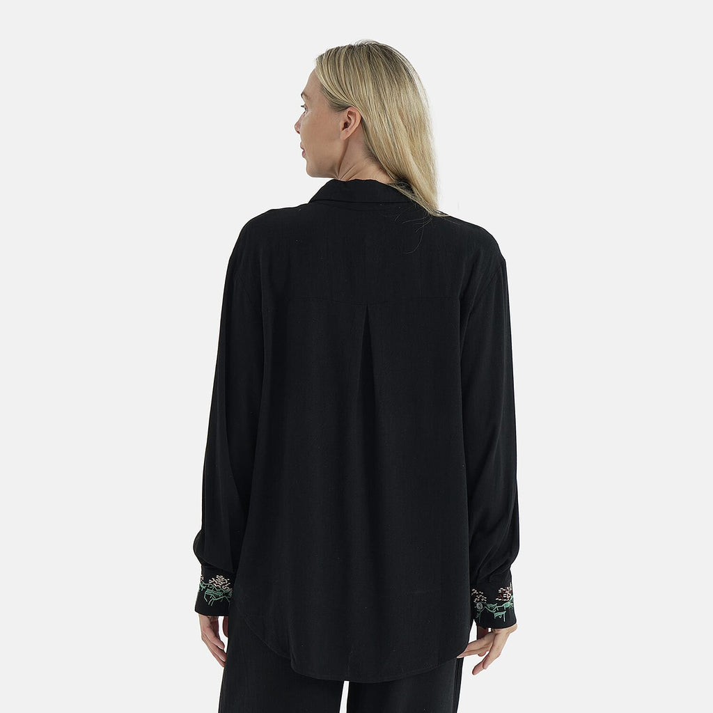 - Maisi Linen Blend Relaxed Fit Long Sleeve Shirt with Embroidered Cuffs (Size M) - Black