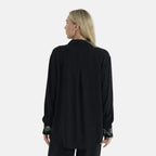 - Maisi Linen Blend Relaxed Fit Long Sleeve Shirt with Embroidered Cuffs (Size M) - Black