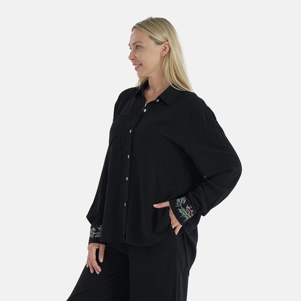 - Maisi Linen Blend Relaxed Fit Long Sleeve Shirt with Embroidered Cuffs (Size M) - Black