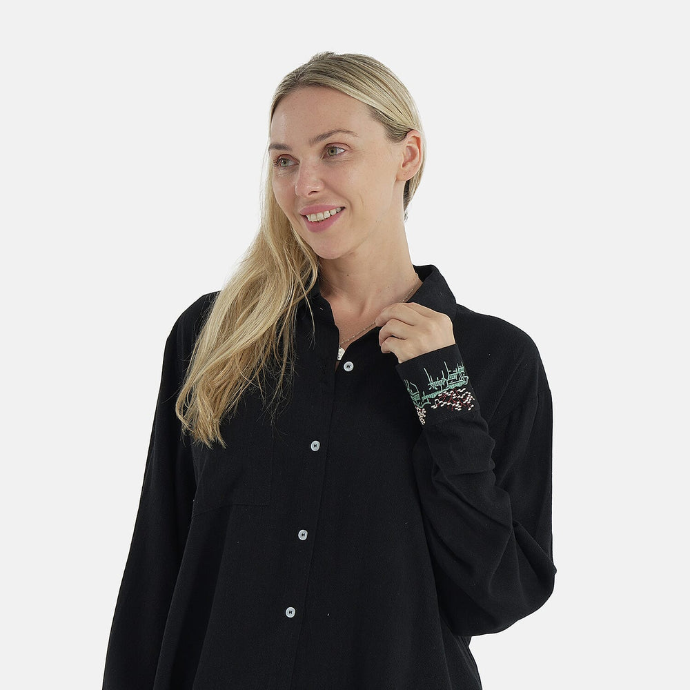 - Maisi Linen Blend Relaxed Fit Long Sleeve Shirt with Embroidered Cuffs (Size M) - Black