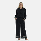 - Maisi Linen Blend Relaxed Fit Long Sleeve Shirt with Embroidered Cuffs (Size M) - Black
