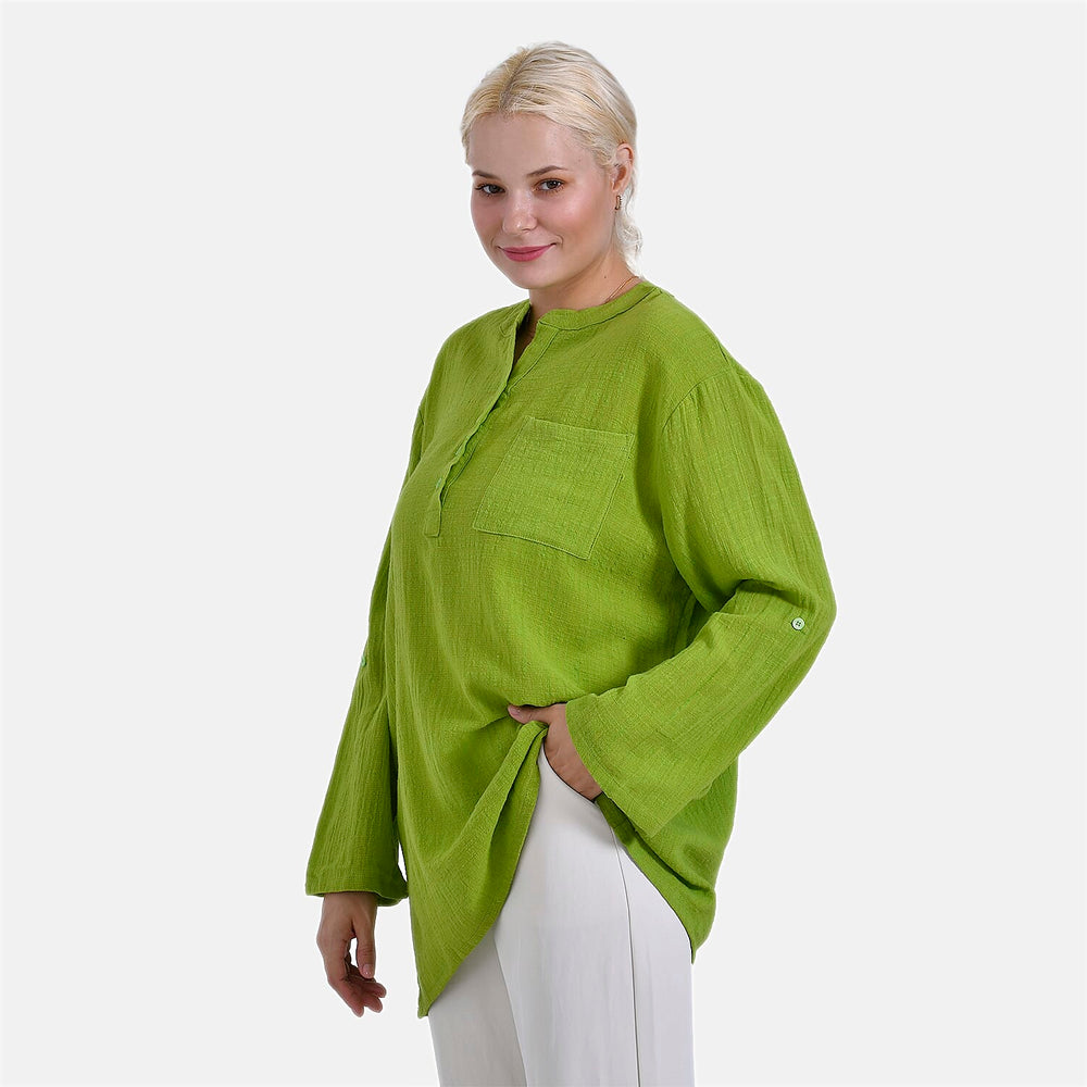 - Maisi Oversize Henley Shirt with Roll-Tab Sleeves (Size M) - Green