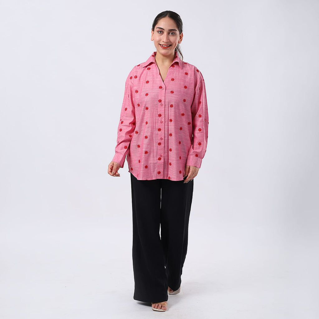 -MAISI Women 100% Cotton Embroidered Shirt (Size M) - Pink