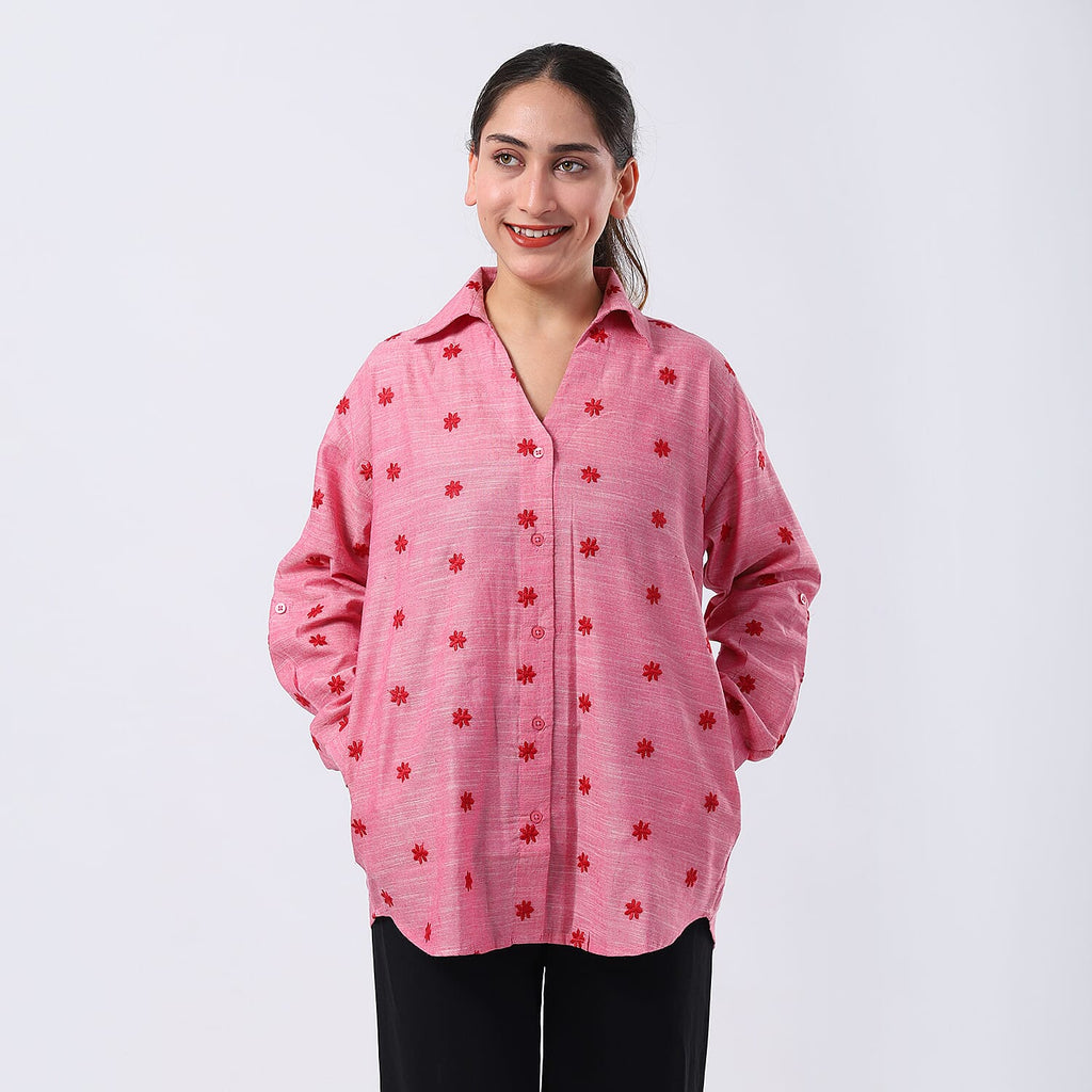-MAISI Women 100% Cotton Embroidered Shirt (Size M) - Pink