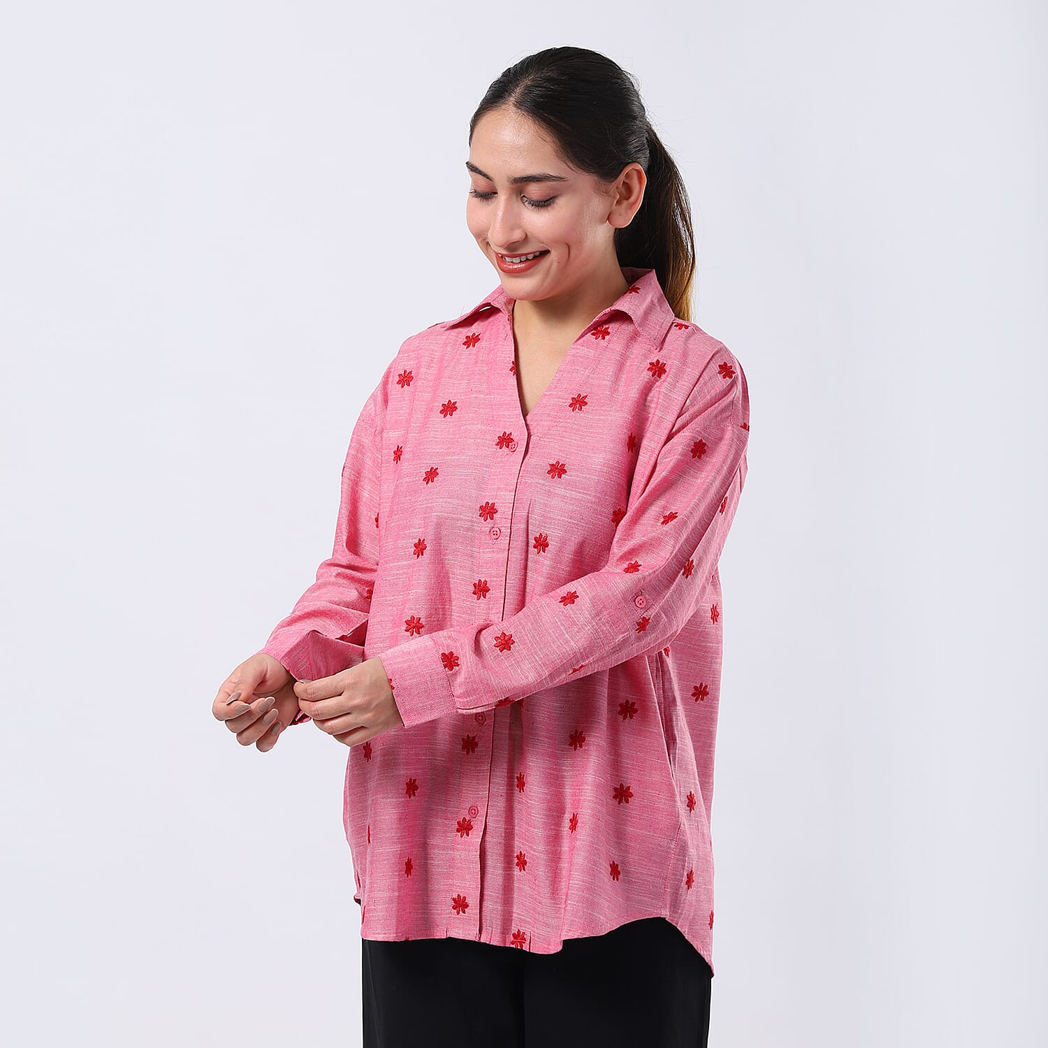 -MAISI Women 100% Cotton Embroidered Shirt (Size M) - Pink