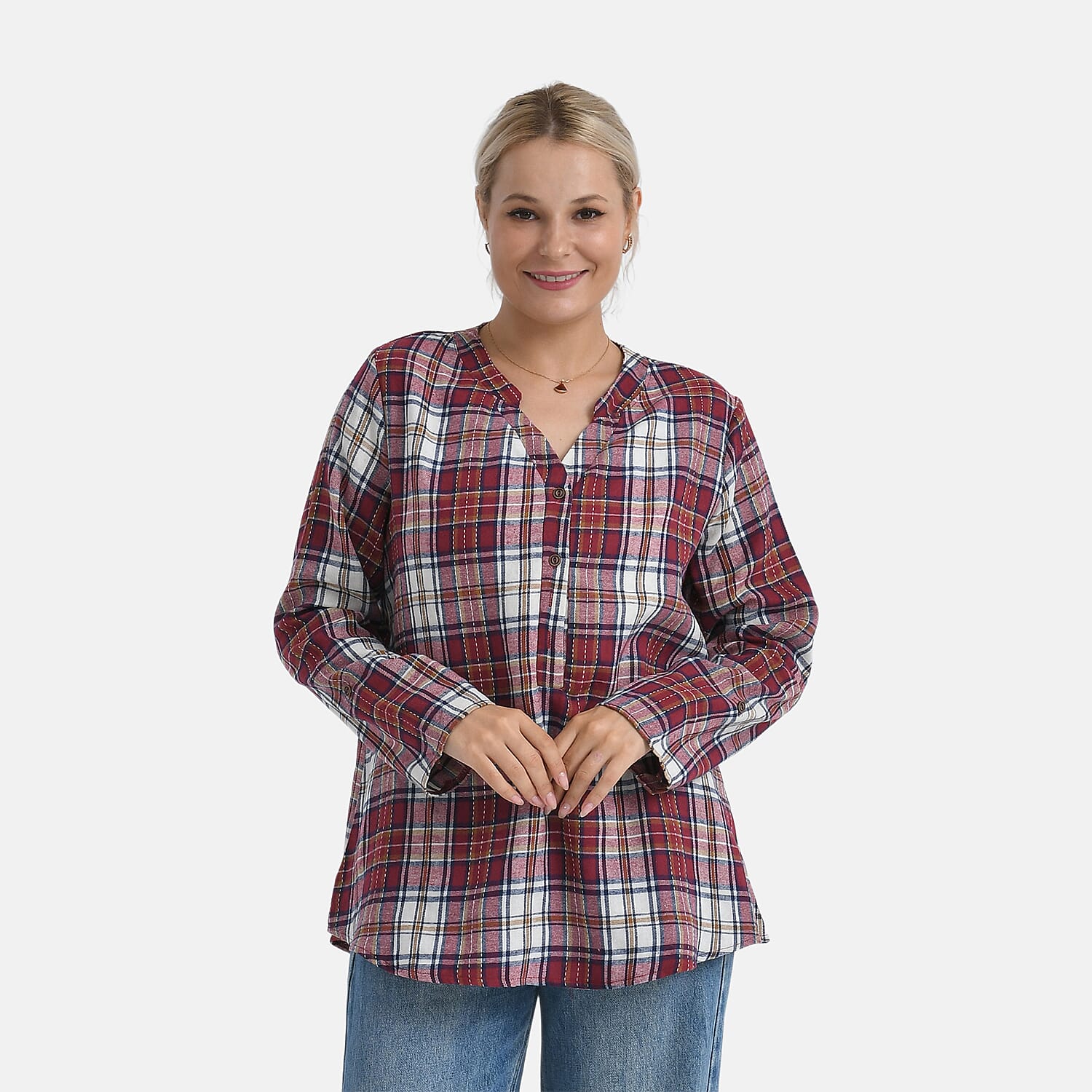 - Maisi Long Sleeve Plaid Checks Pattern Shirt (Size M) - Red