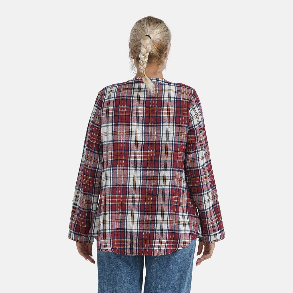 - Maisi Long Sleeve Plaid Checks Pattern Shirt (Size M) - Red