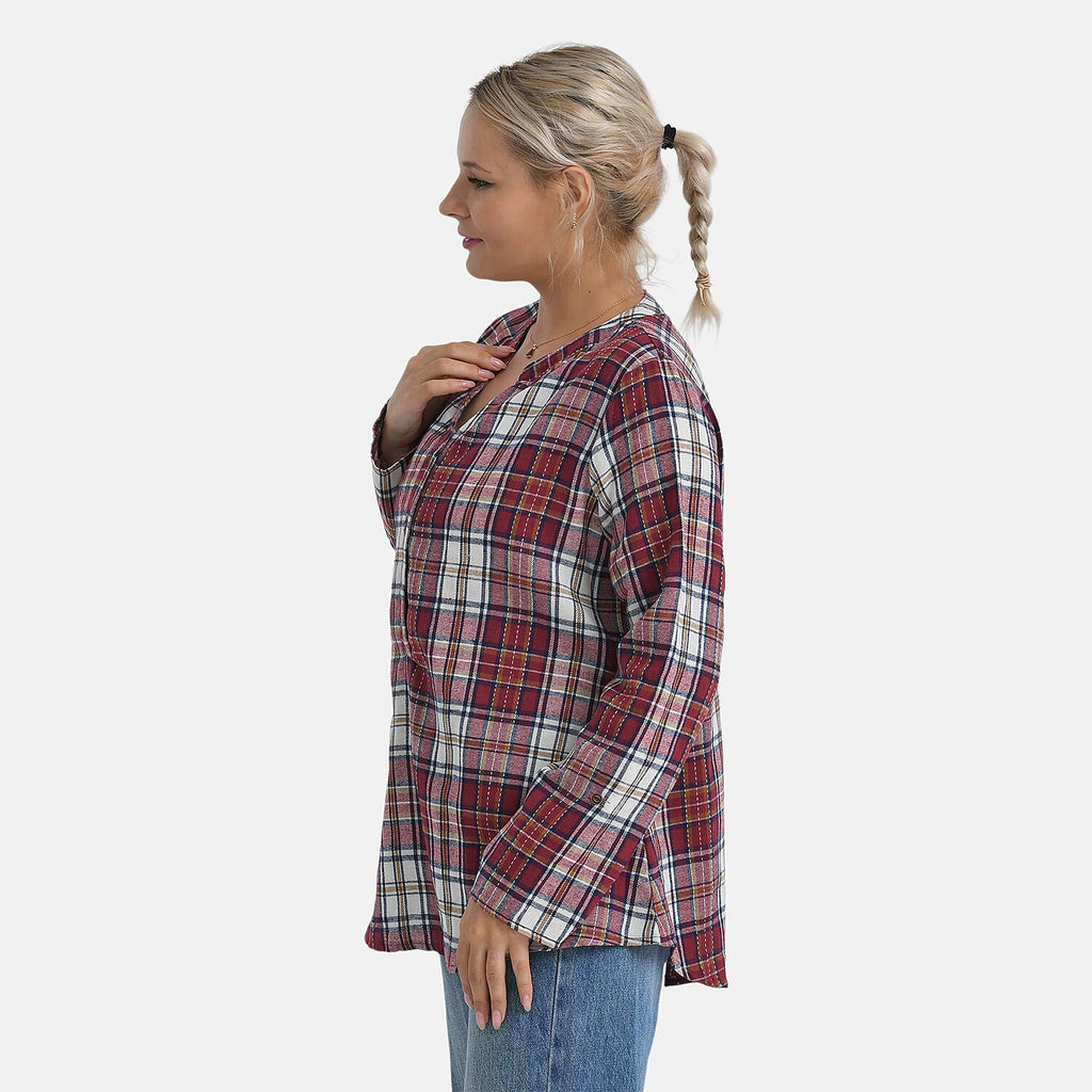 - Maisi Long Sleeve Plaid Checks Pattern Shirt (Size M) - Red