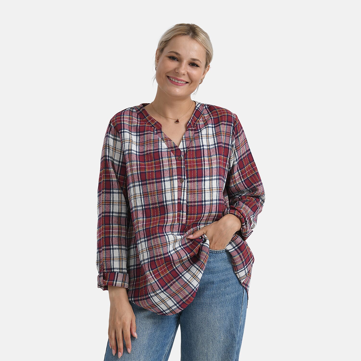 - Maisi Long Sleeve Plaid Checks Pattern Shirt (Size M) - Red