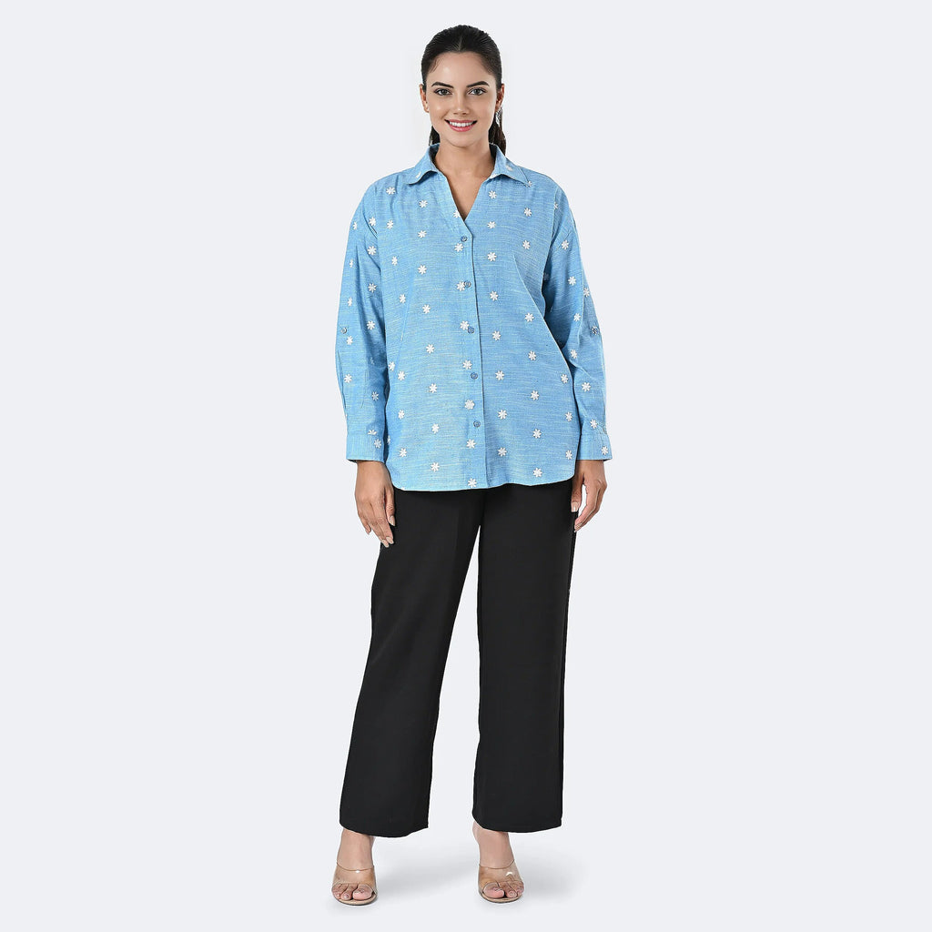 -MAISI Womens 100% Cotton Embroidered Shirt (Size M) - Turquoise