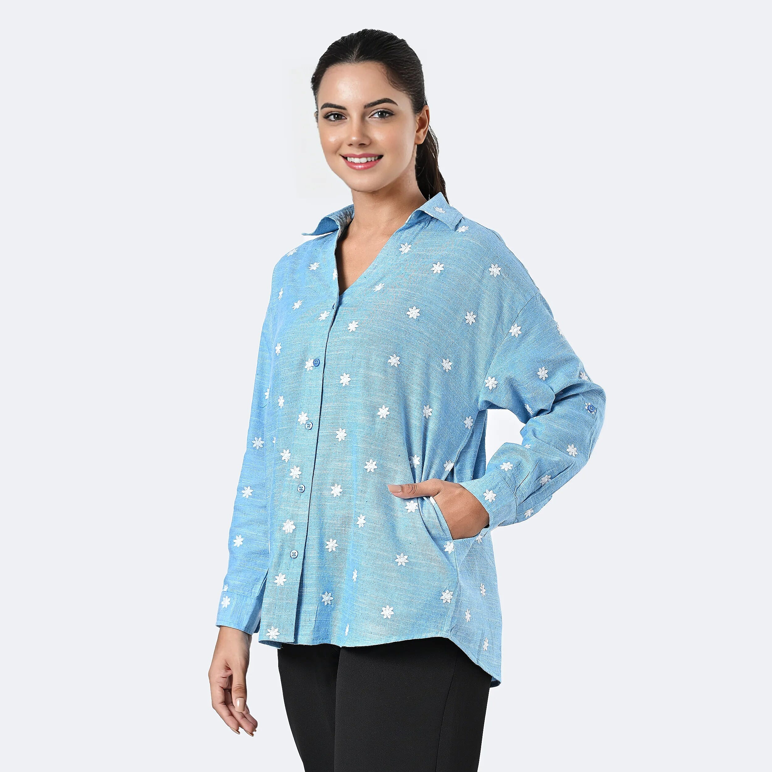 -MAISI Womens 100% Cotton Embroidered Shirt (Size M) - Turquoise