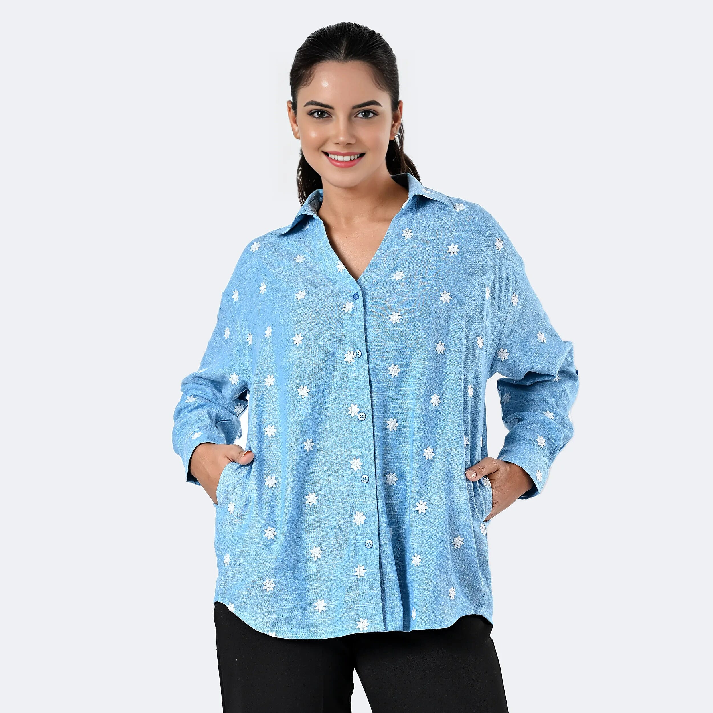 -MAISI Womens 100% Cotton Embroidered Shirt (Size M) - Turquoise