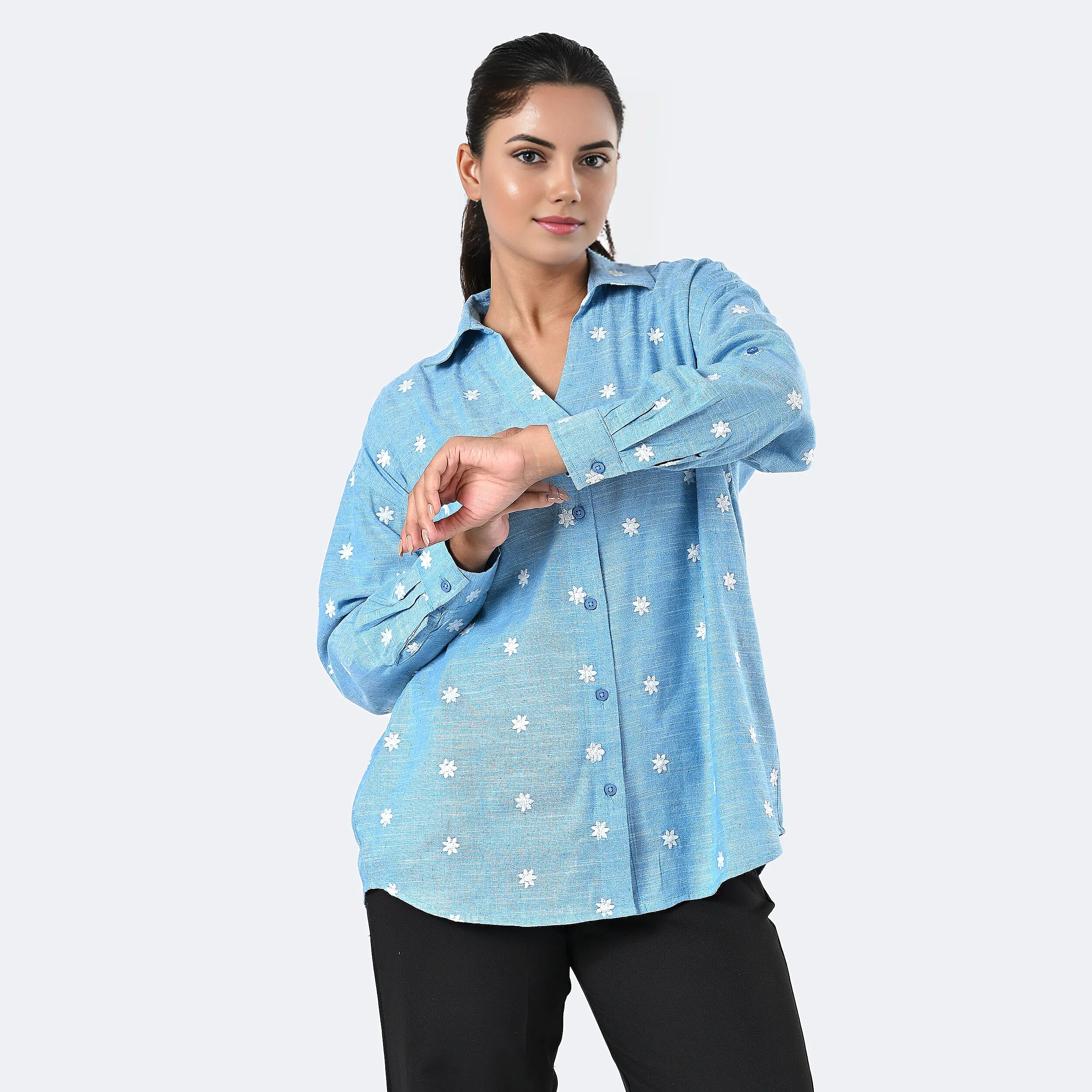 -MAISI Womens 100% Cotton Embroidered Shirt (Size M) - Turquoise