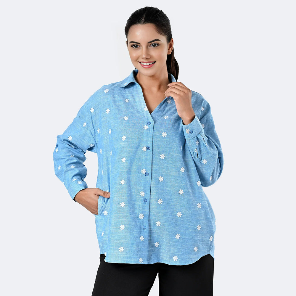 -MAISI Womens 100% Cotton Embroidered Shirt (Size M) - Turquoise