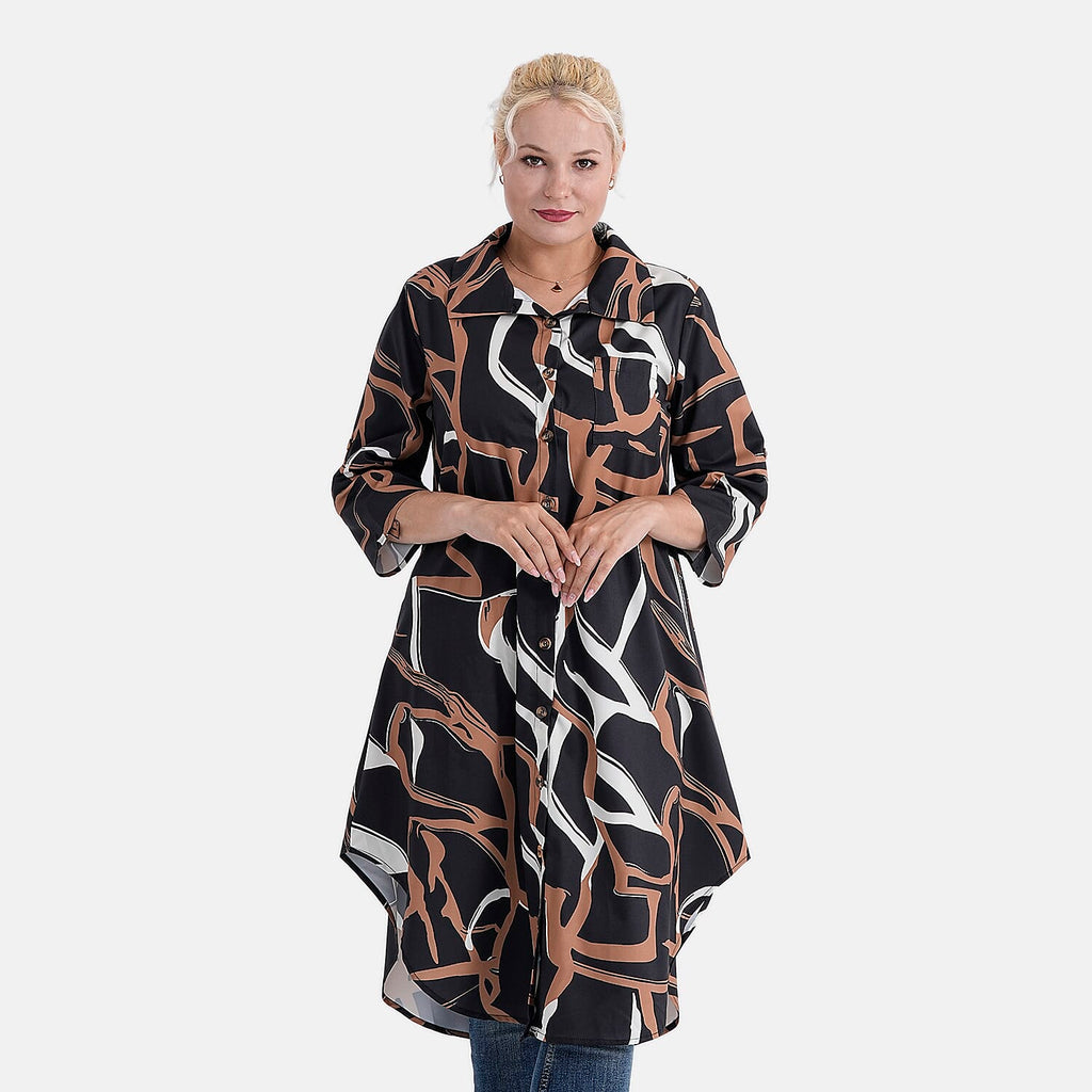 - Maisi Womens Long Half-Sleeved Button-Down Shirt (Size - S-M) - Black - Brown