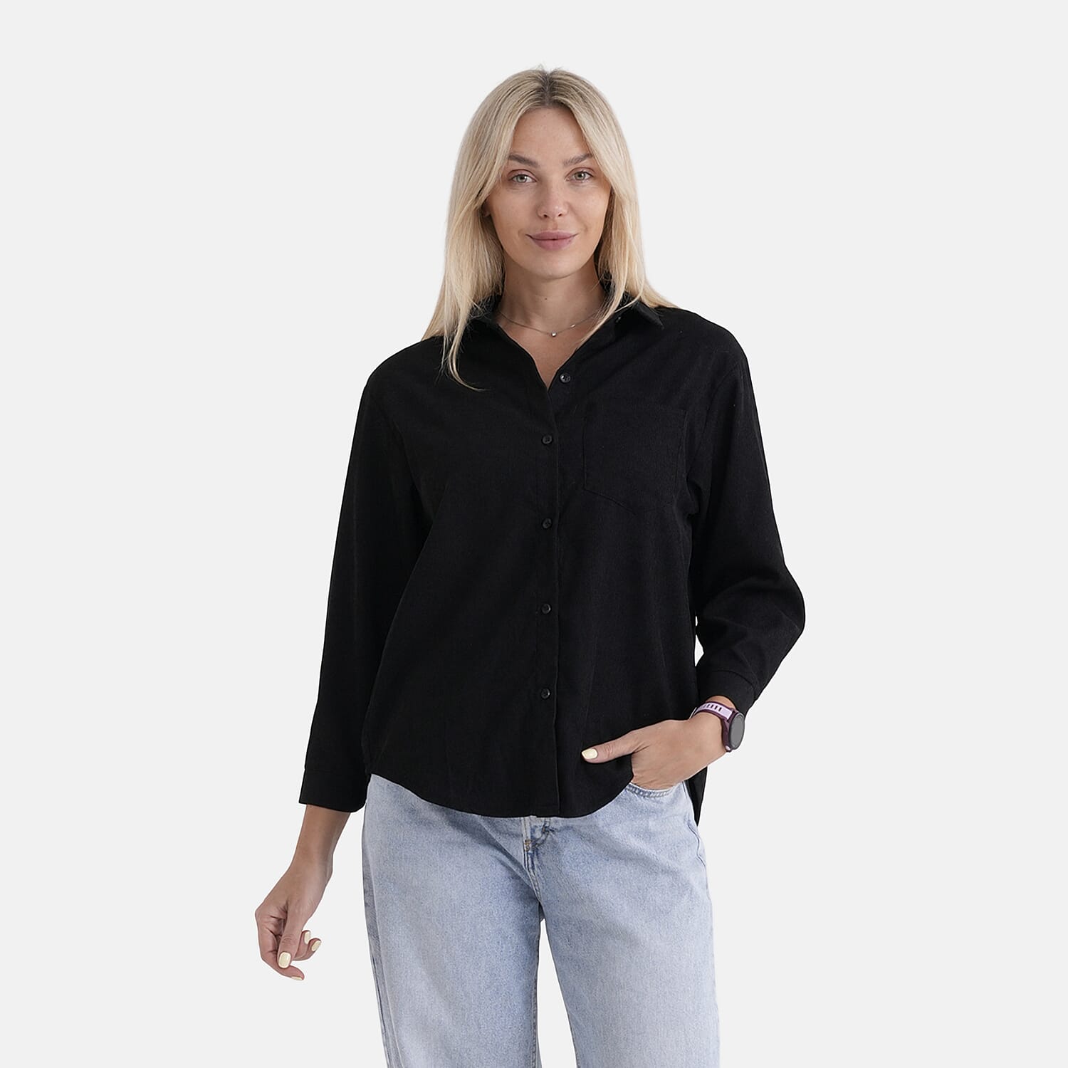 - Maisi Corduroy Solid Color Relaxed Fit Shirt (Size - S) - Black