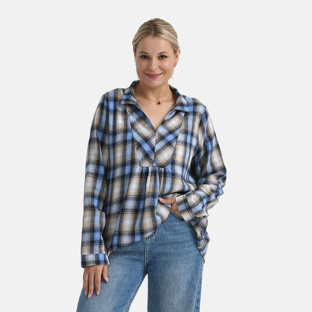 - Maisi Plaid Checkered Pattern Shirt (Size S) - Blue - Brown