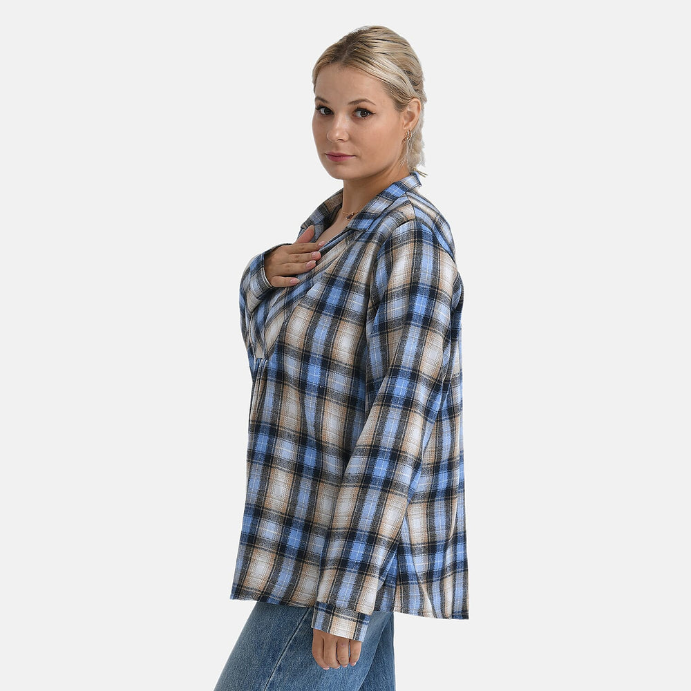 - Maisi Plaid Checkered Pattern Shirt (Size S) - Blue - Brown