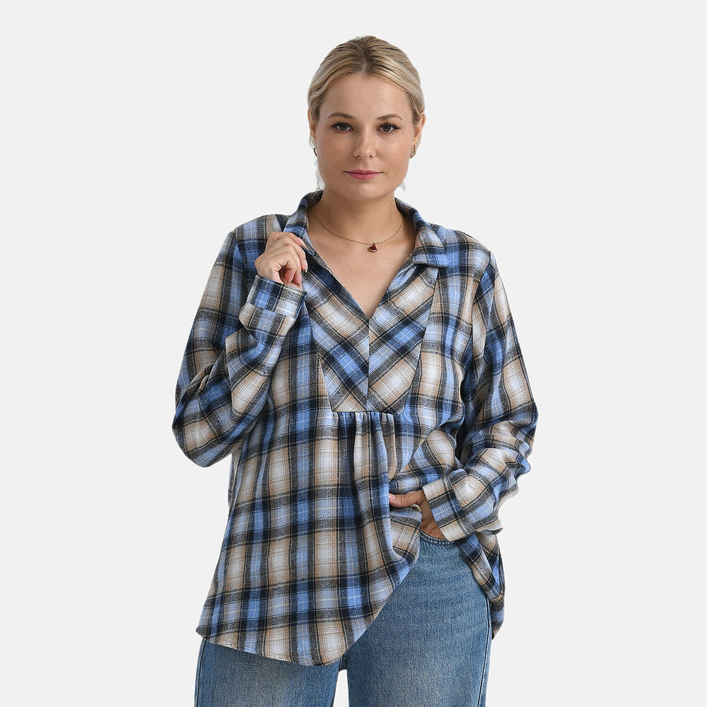 - Maisi Plaid Checkered Pattern Shirt (Size S) - Blue - Brown