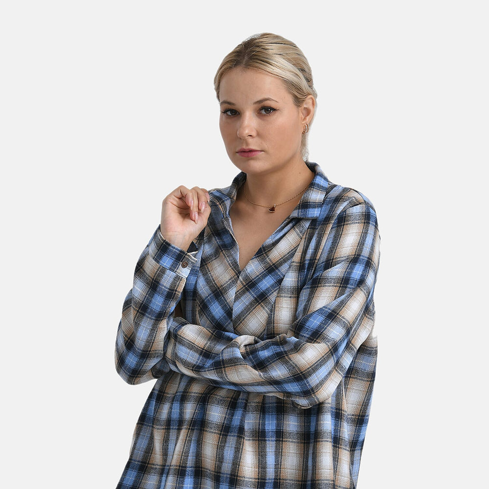 - Maisi Plaid Checkered Pattern Shirt (Size S) - Blue - Brown