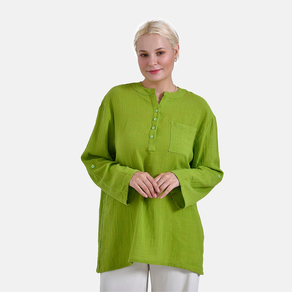 - Maisi Oversize Henley Shirt with Roll-Tab Sleeves (Size S) - Green