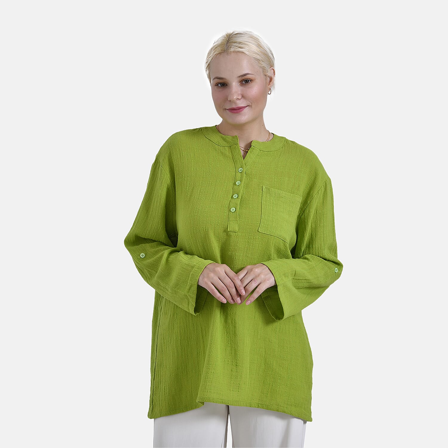 - Maisi Oversize Henley Shirt with Roll-Tab Sleeves (Size S) - Green