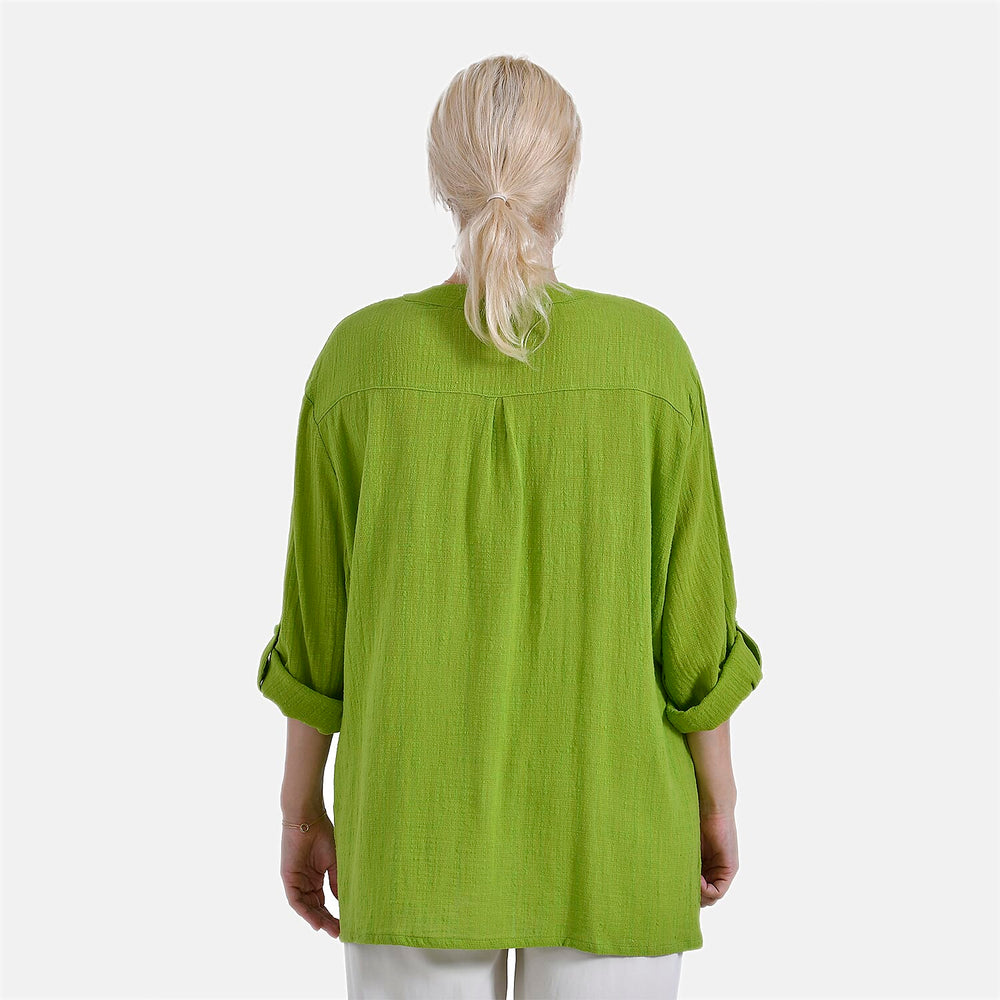 - Maisi Oversize Henley Shirt with Roll-Tab Sleeves (Size S) - Green