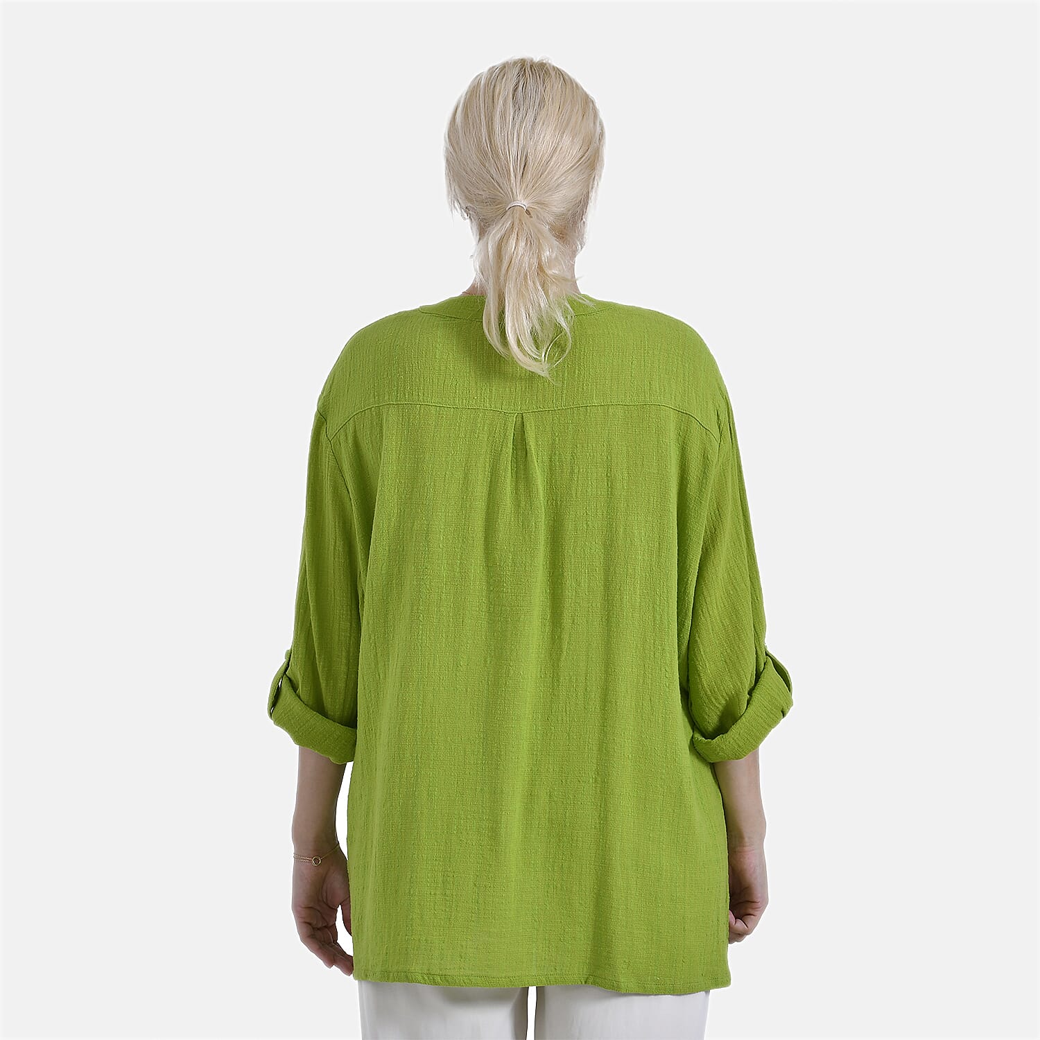- Maisi Oversize Henley Shirt with Roll-Tab Sleeves (Size S) - Green