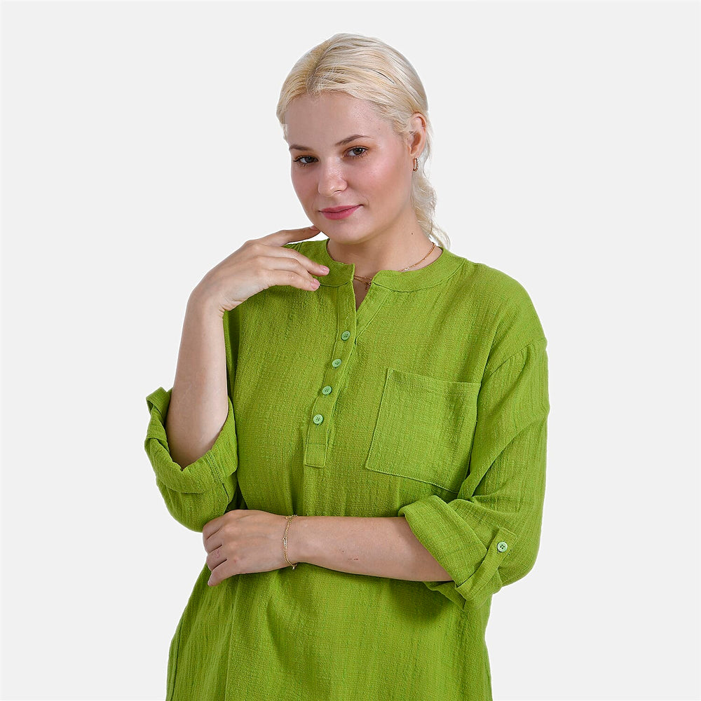 - Maisi Oversize Henley Shirt with Roll-Tab Sleeves (Size S) - Green