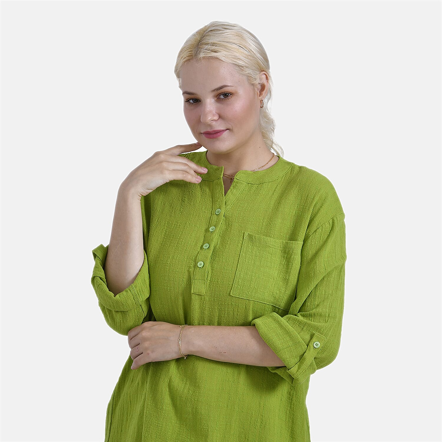 - Maisi Oversize Henley Shirt with Roll-Tab Sleeves (Size S) - Green