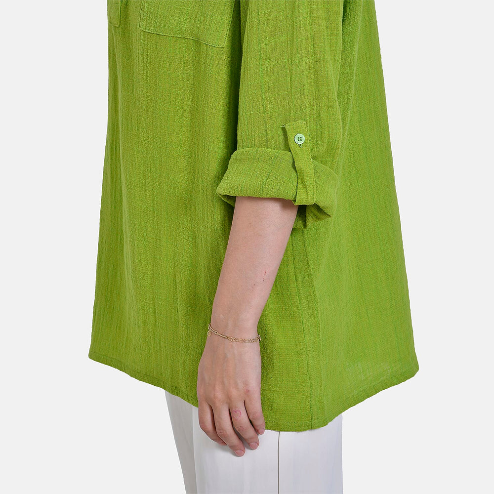 - Maisi Oversize Henley Shirt with Roll-Tab Sleeves (Size S) - Green