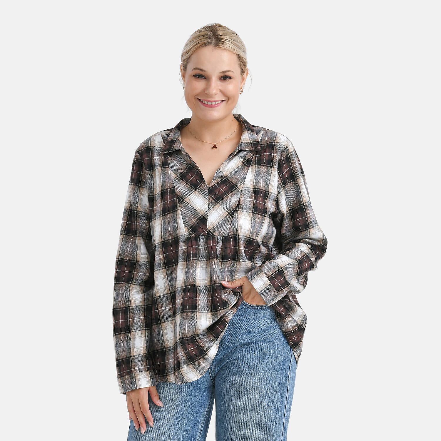 - Maisi Plaid Checkered Pattern Shirt (Size S) - Brown