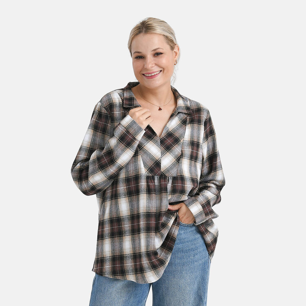 - Maisi Plaid Checkered Pattern Shirt (Size S) - Brown