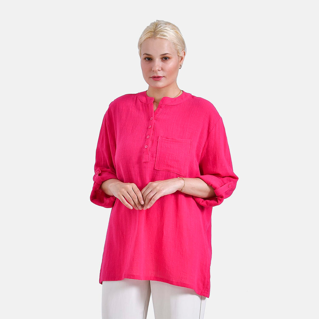 - Maisi Oversize Henley Shirt with Roll-Tab Sleeves (Size S) - Pink