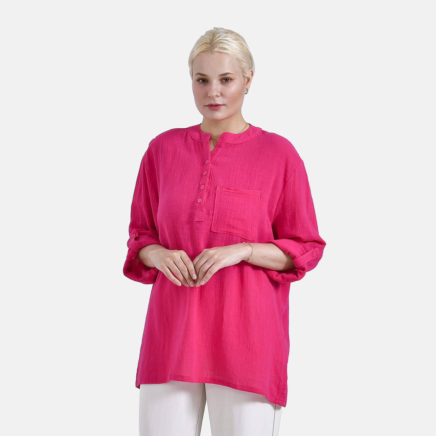 - Maisi Oversize Henley Shirt with Roll-Tab Sleeves (Size S) - Pink