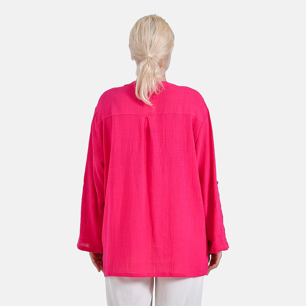- Maisi Oversize Henley Shirt with Roll-Tab Sleeves (Size S) - Pink