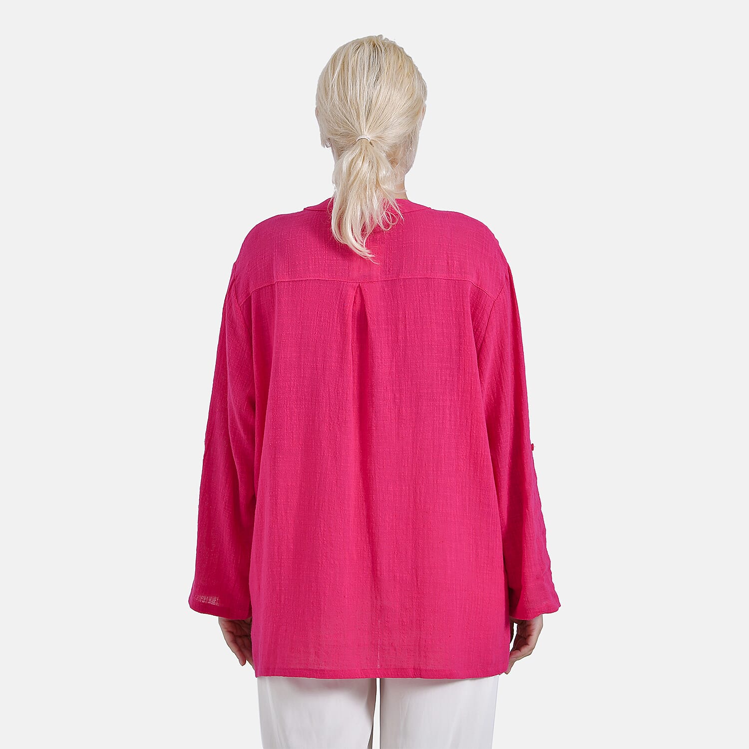 - Maisi Oversize Henley Shirt with Roll-Tab Sleeves (Size S) - Pink