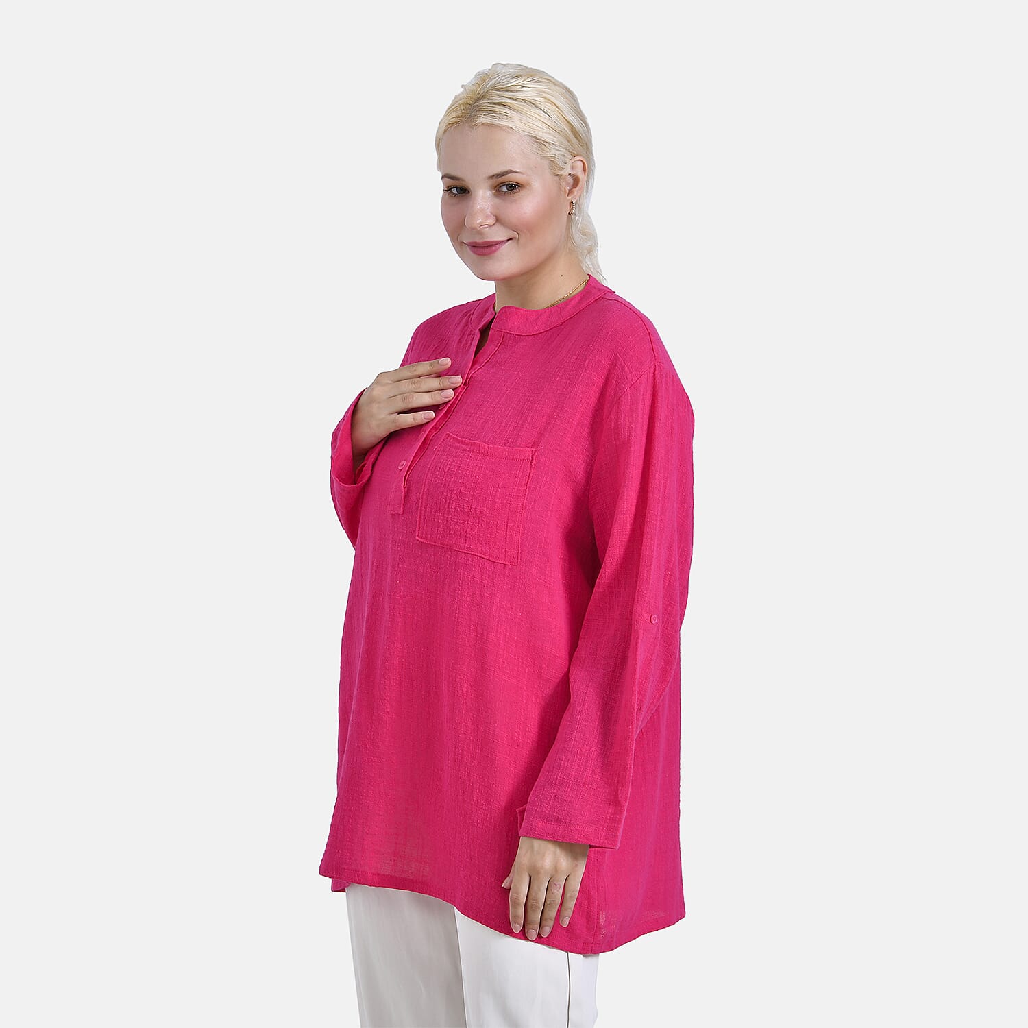 - Maisi Oversize Henley Shirt with Roll-Tab Sleeves (Size S) - Pink