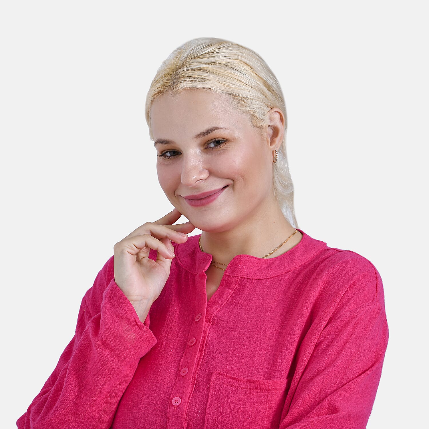 - Maisi Oversize Henley Shirt with Roll-Tab Sleeves (Size S) - Pink
