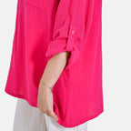 - Maisi Oversize Henley Shirt with Roll-Tab Sleeves (Size S) - Pink