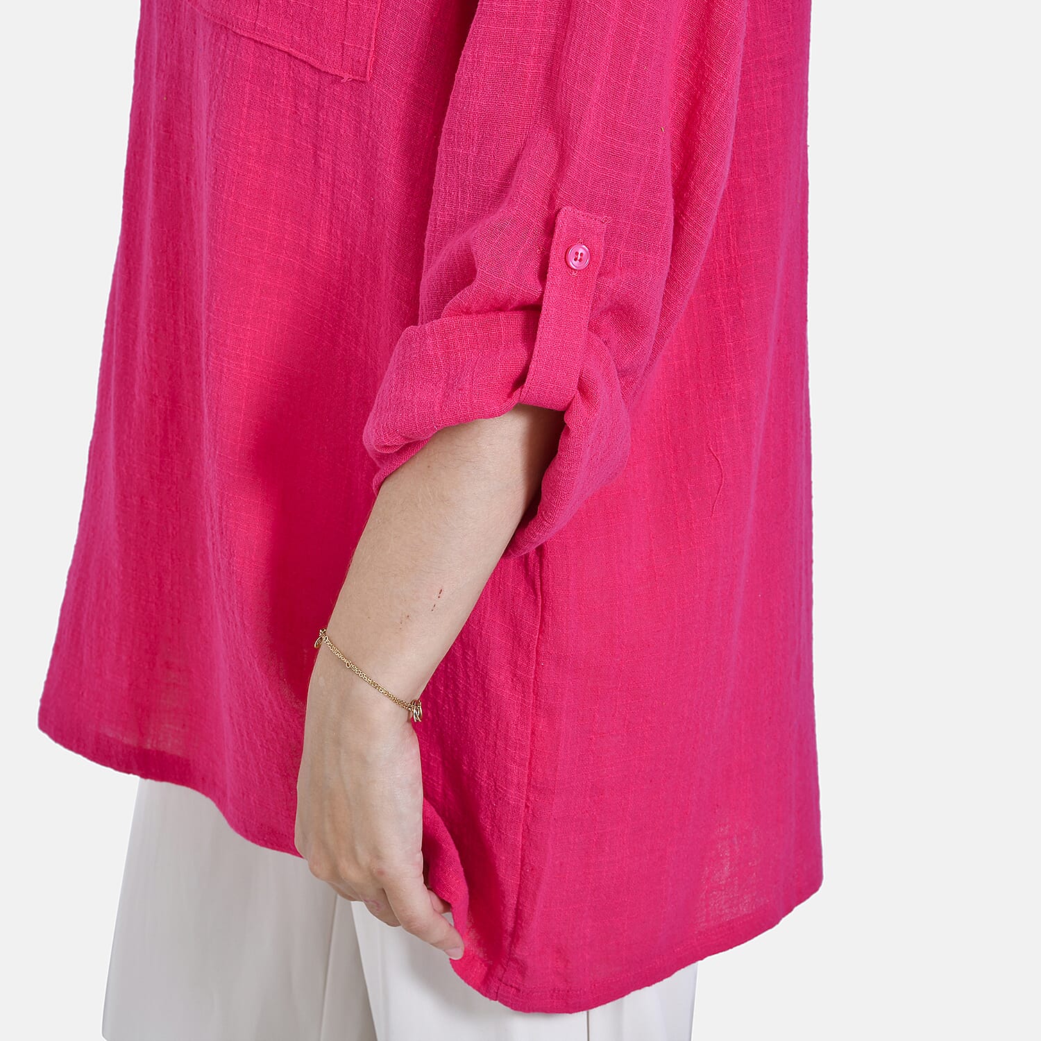 - Maisi Oversize Henley Shirt with Roll-Tab Sleeves (Size S) - Pink