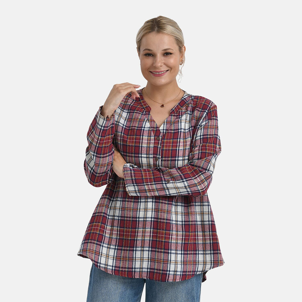 - Maisi Long Sleeve Plaid Checks Pattern Shirt (Size S) - Red