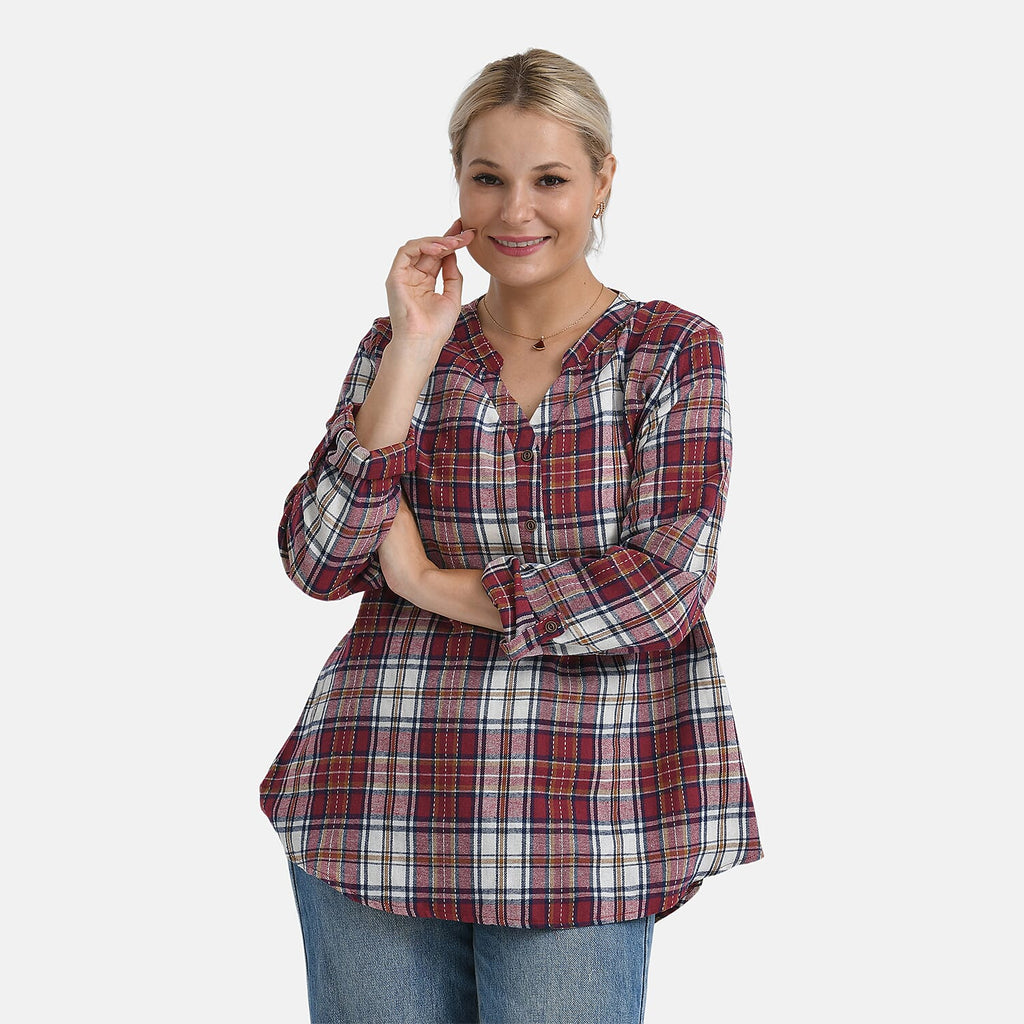 - Maisi Long Sleeve Plaid Checks Pattern Shirt (Size S) - Red