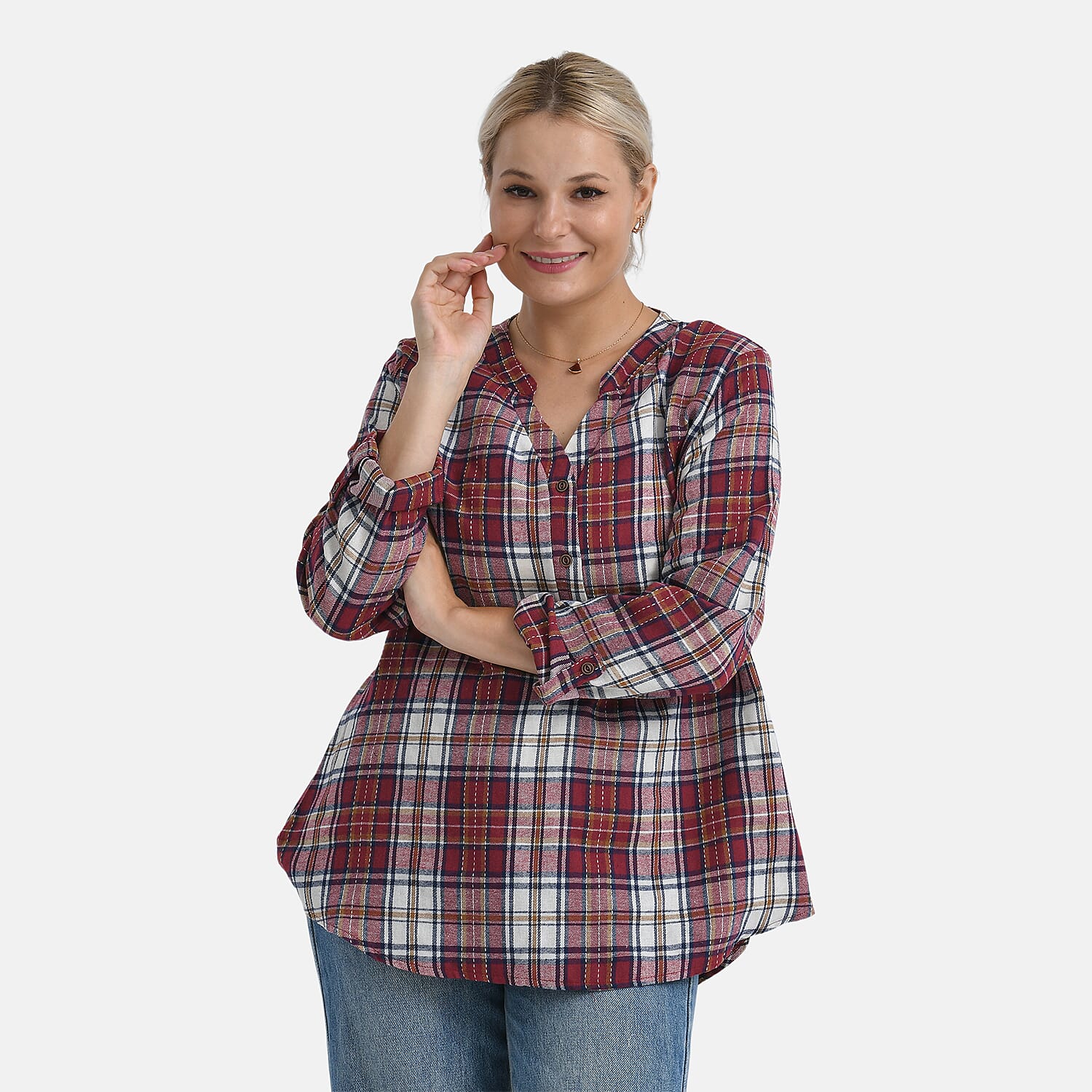 - Maisi Long Sleeve Plaid Checks Pattern Shirt (Size S) - Red