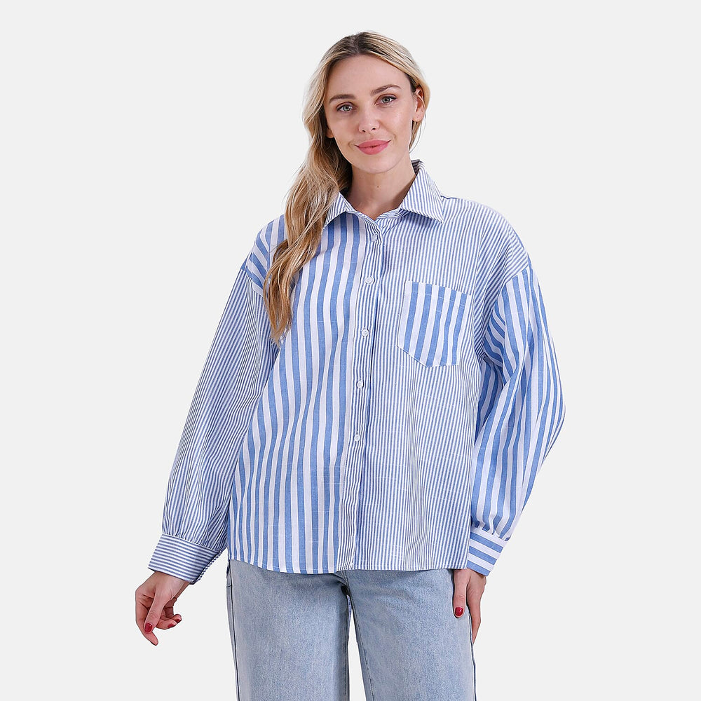 & Maisi Relaxed Fit Striped Long Sleeve Button Down Shirt (Size S) - Blue