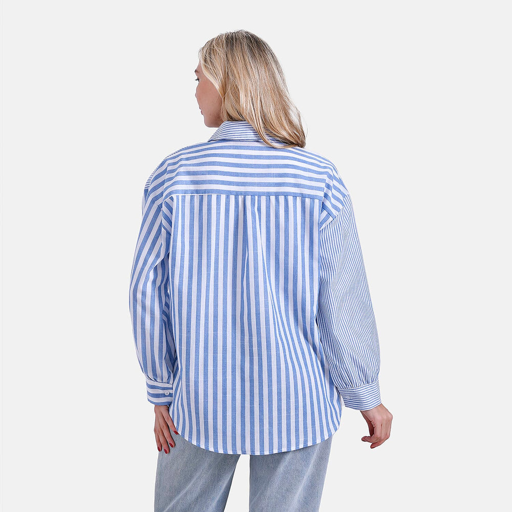 & Maisi Relaxed Fit Striped Long Sleeve Button Down Shirt (Size S) - Blue