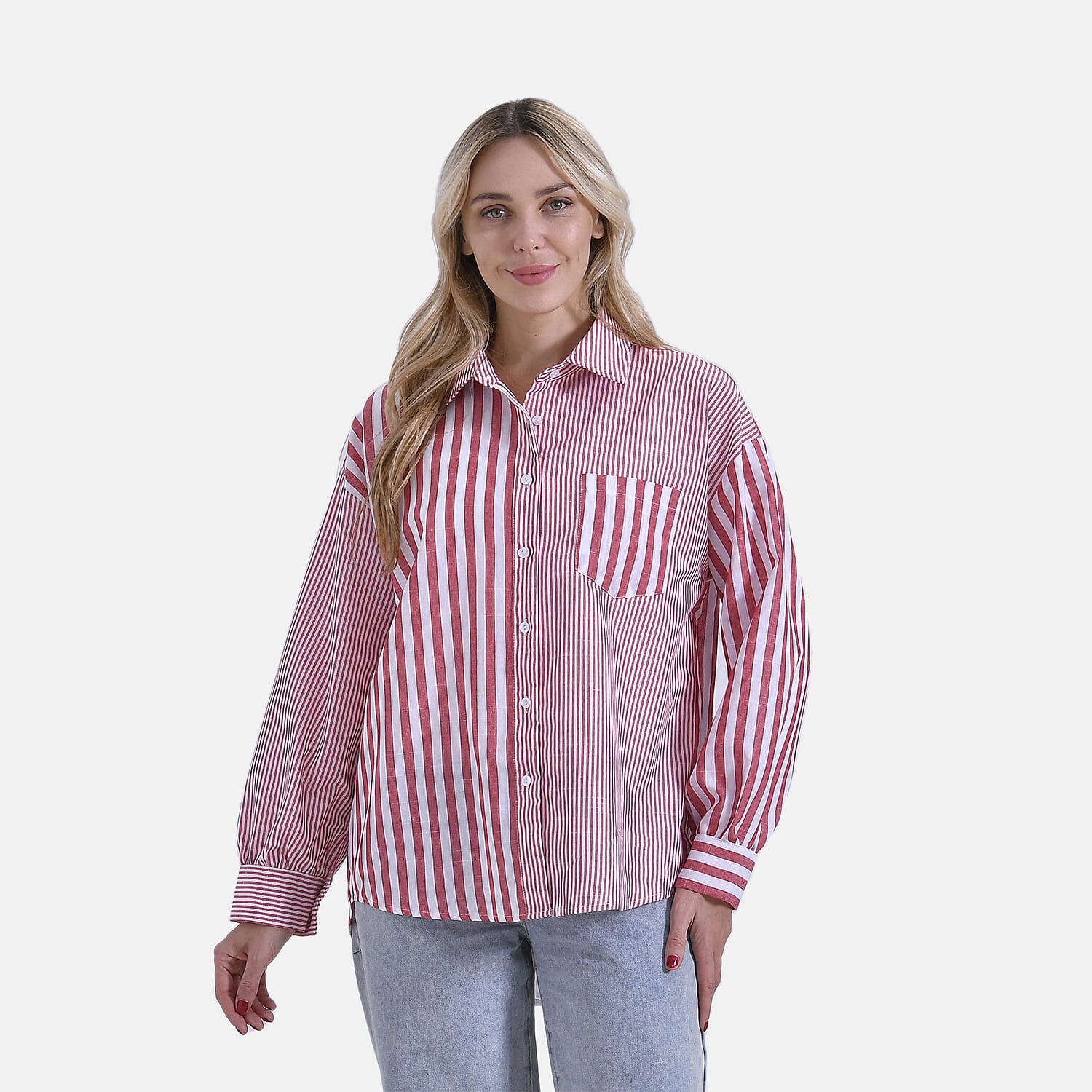 - Maisi Relaxed Fit Striped Long Sleeve Button Down Shirt (Size S) - Red